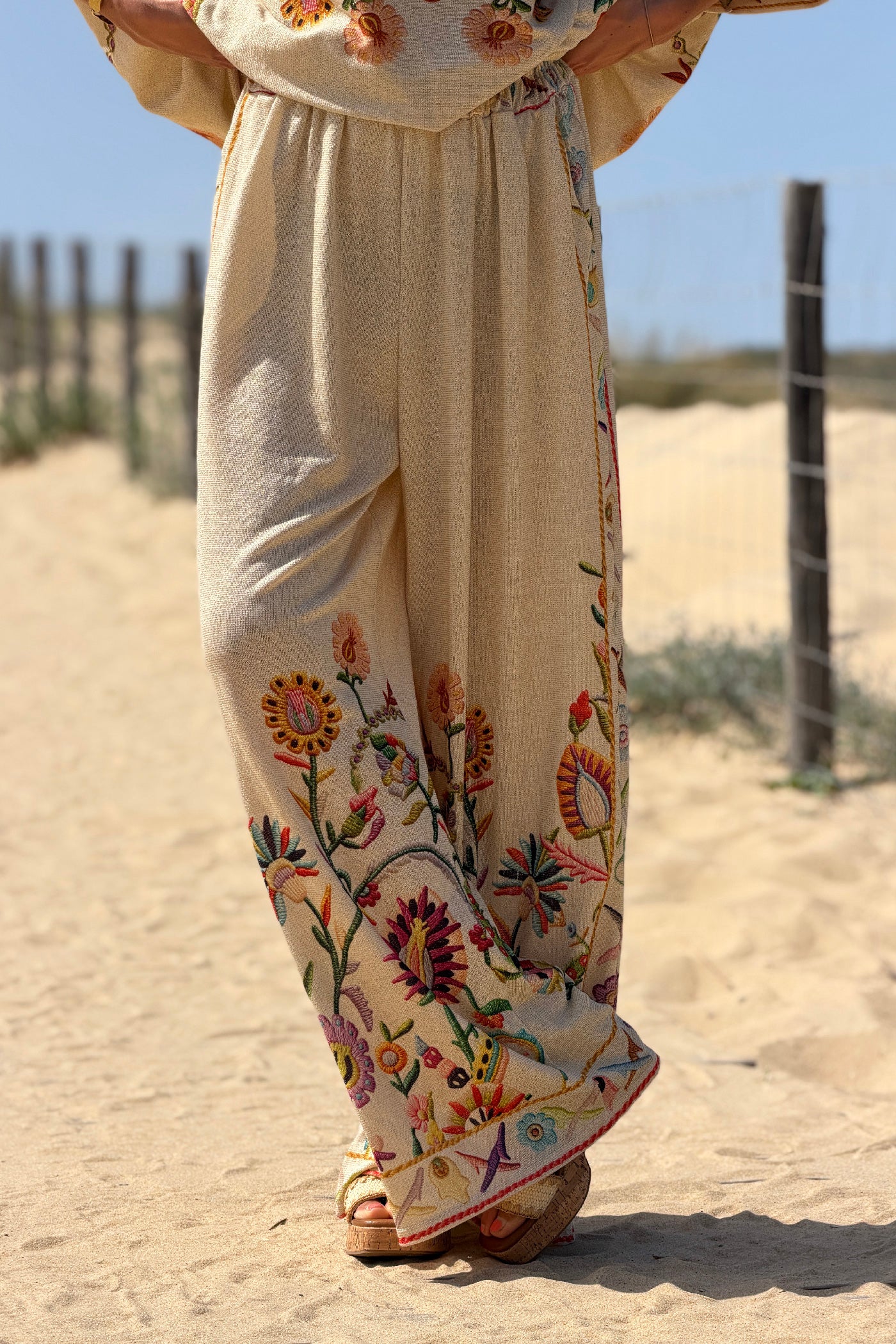 Beige Embroidered effect Folk Garden Pull-On Pants