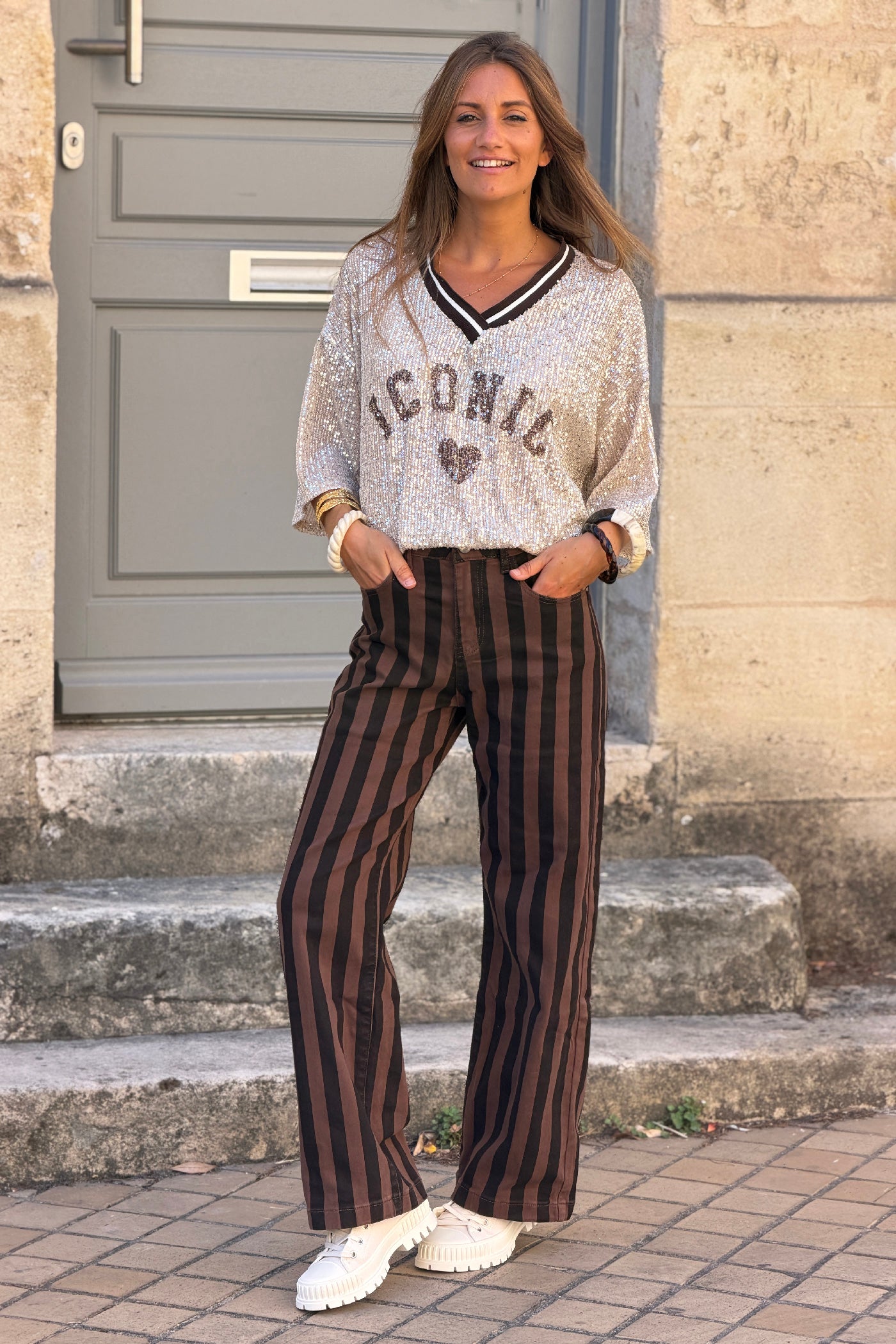 Pantalon jean rayures verticales chocolat et marron wide leg