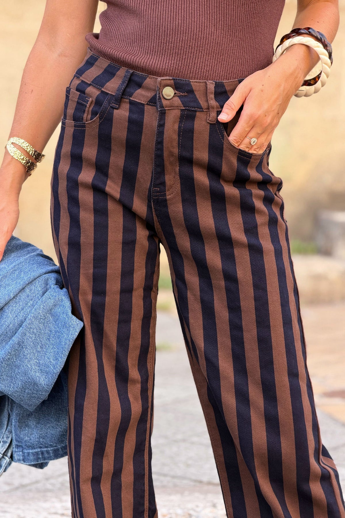 Brown and Navy Striped Stovepipe Jeans
