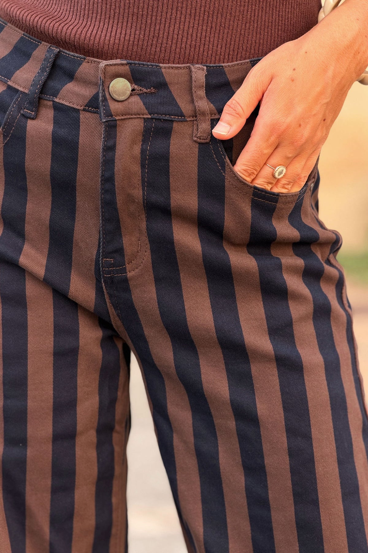 Brown and Navy Striped Stovepipe Jeans
