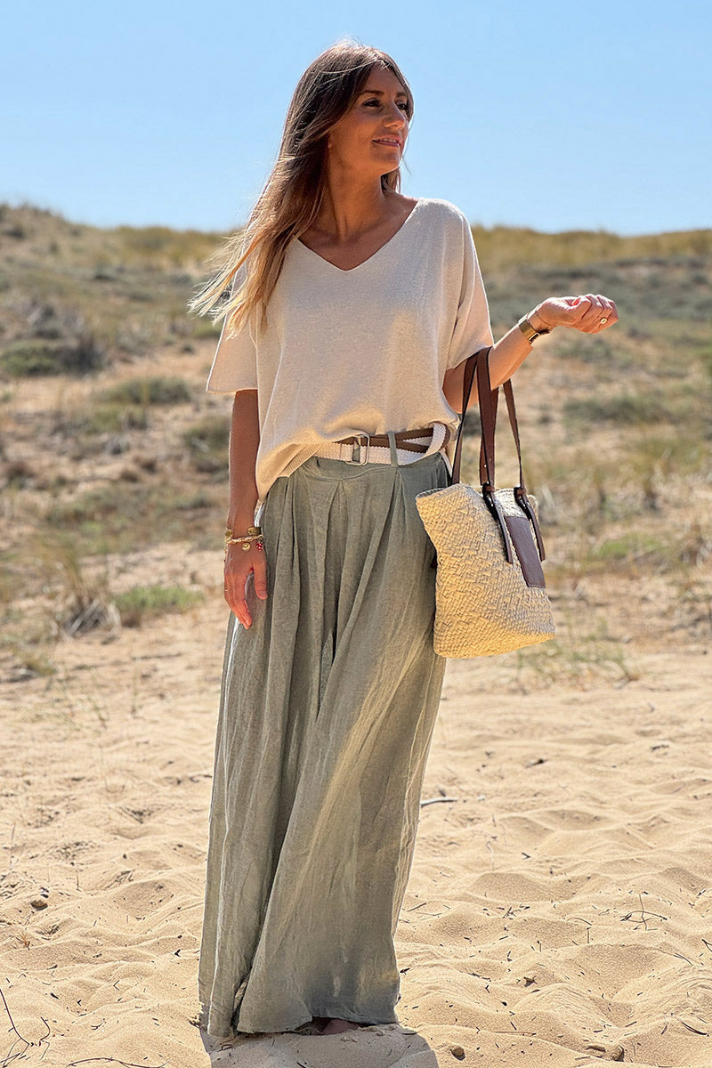 Olive Gauze Belted Ultra Wide-Leg Pants
