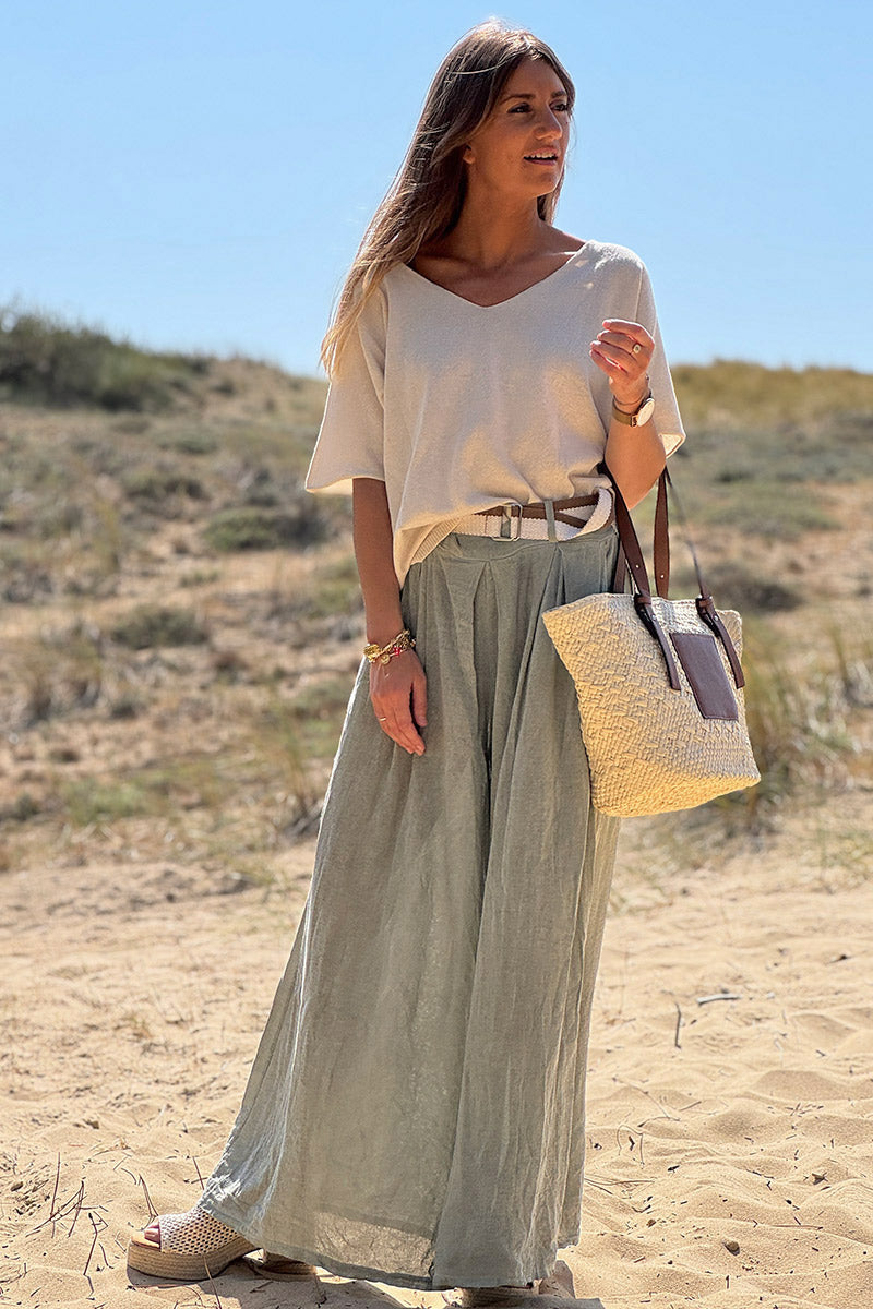 Olive Gauze Belted Ultra Wide-Leg Pants
