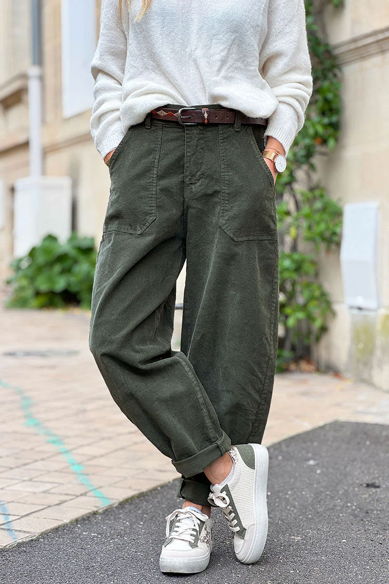 Olive Corduroy Carpenter Pants with Belt