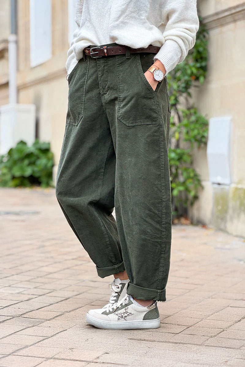 Olive Corduroy Carpenter Pants with Belt