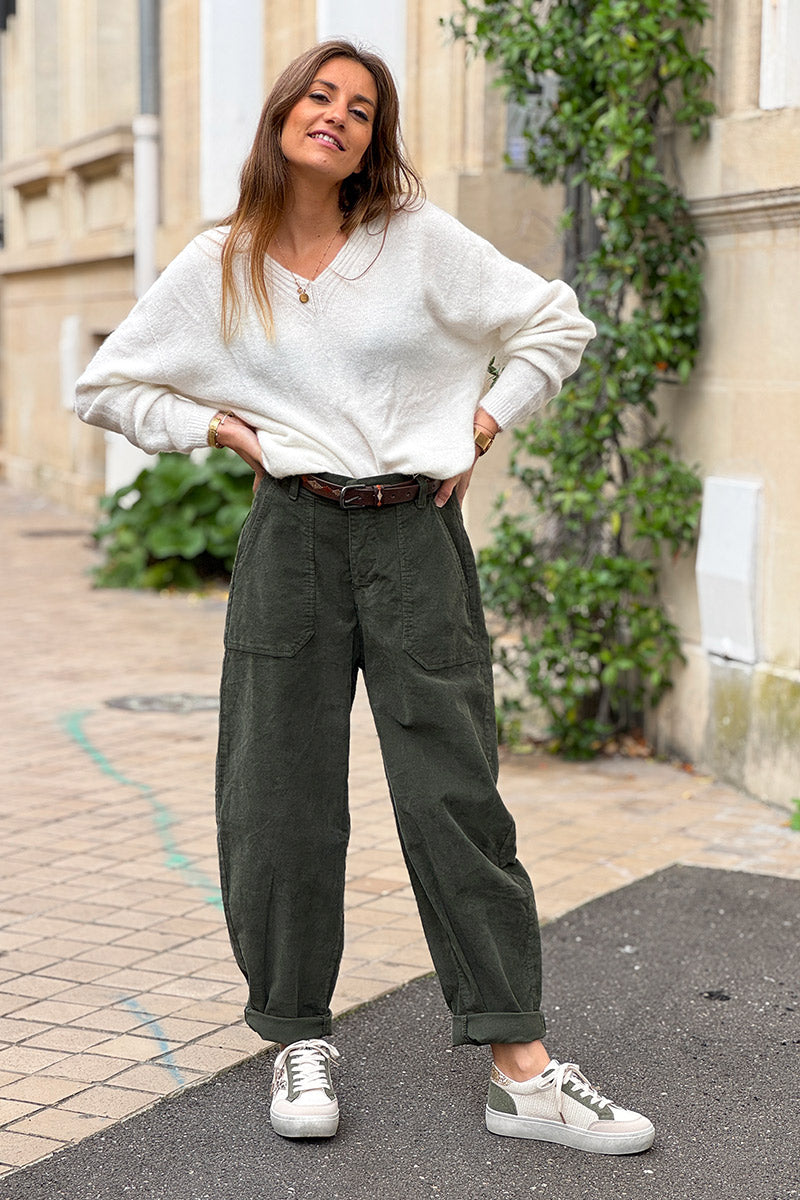 Olive Corduroy Carpenter Pants with Belt