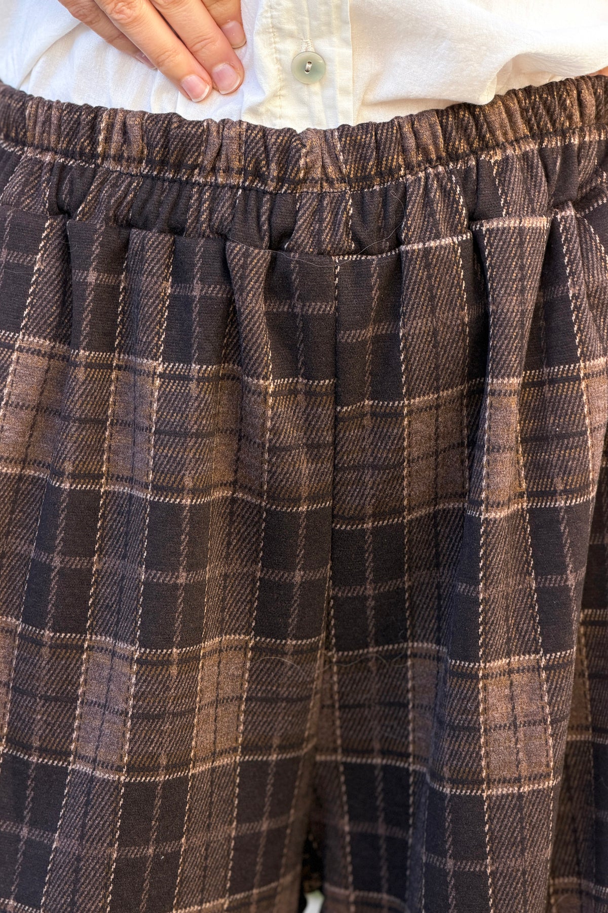 Pantalon large doux en flanelle à carreaux Ecossais marron taille élastique