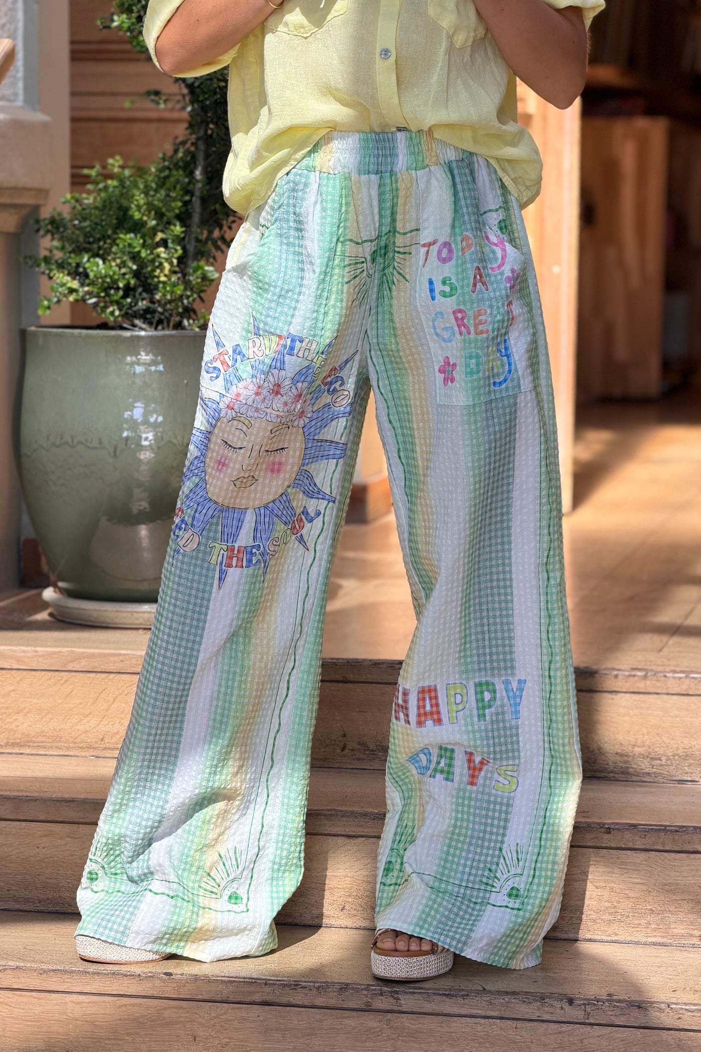 Green “Happy Days” Pastel Stripe Gauze Beach Pants