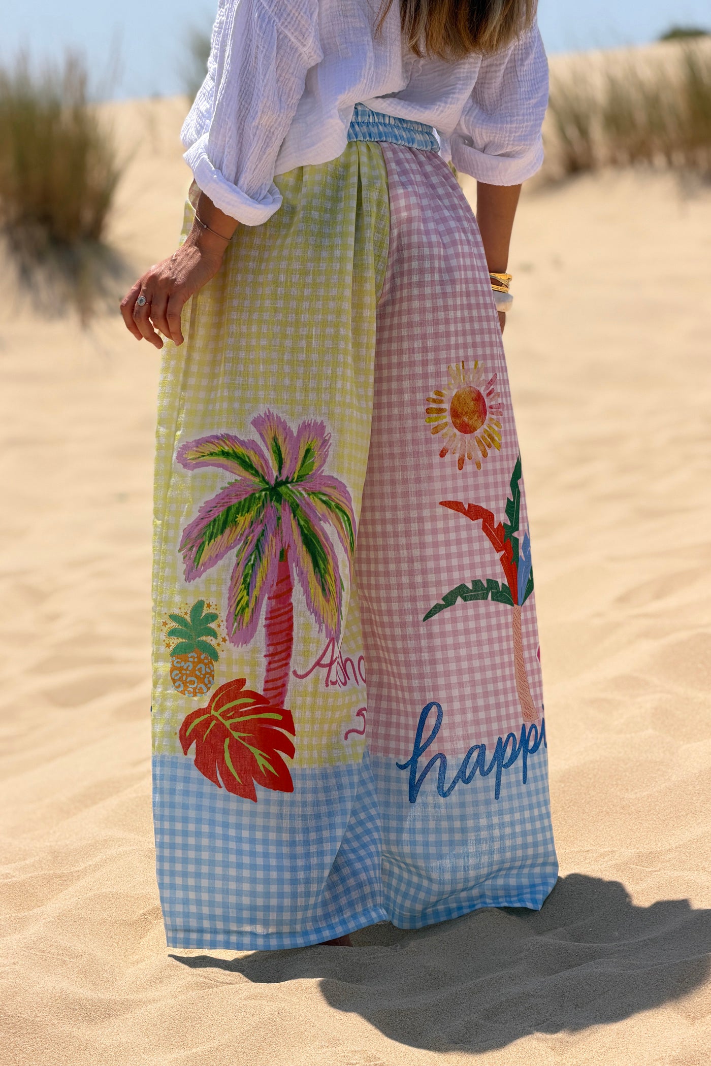 Pantalon large imprimé petits carreaux vichy rose et jaune palmier taille élastique