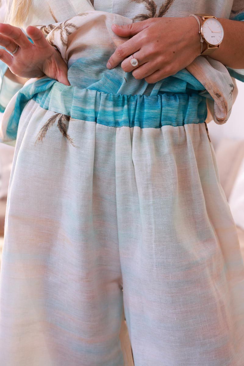Pantalon large wide leg imprimé palmiers plage lagon
