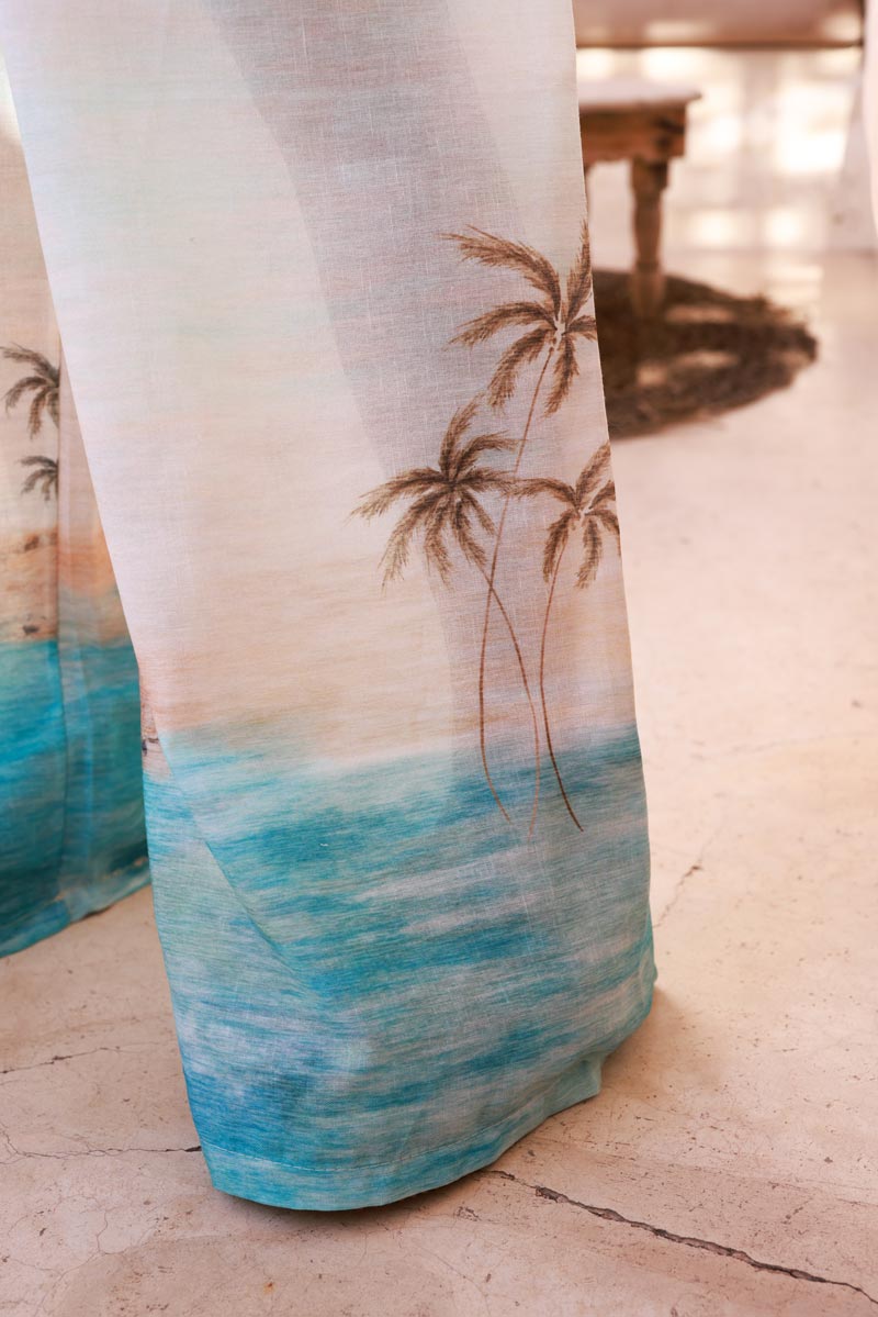 Pantalon large wide leg imprimé palmiers plage lagon