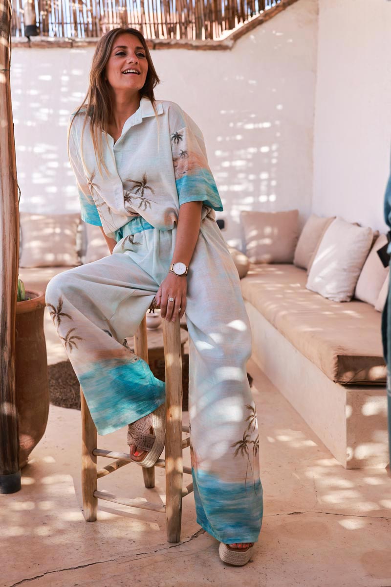 Pantalon large wide leg imprimé palmiers plage lagon