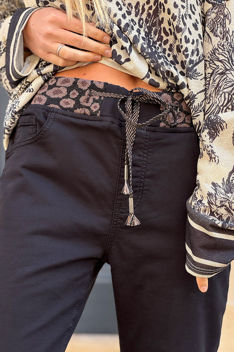Black Jeans with Leopard Print Drawstring Waist
