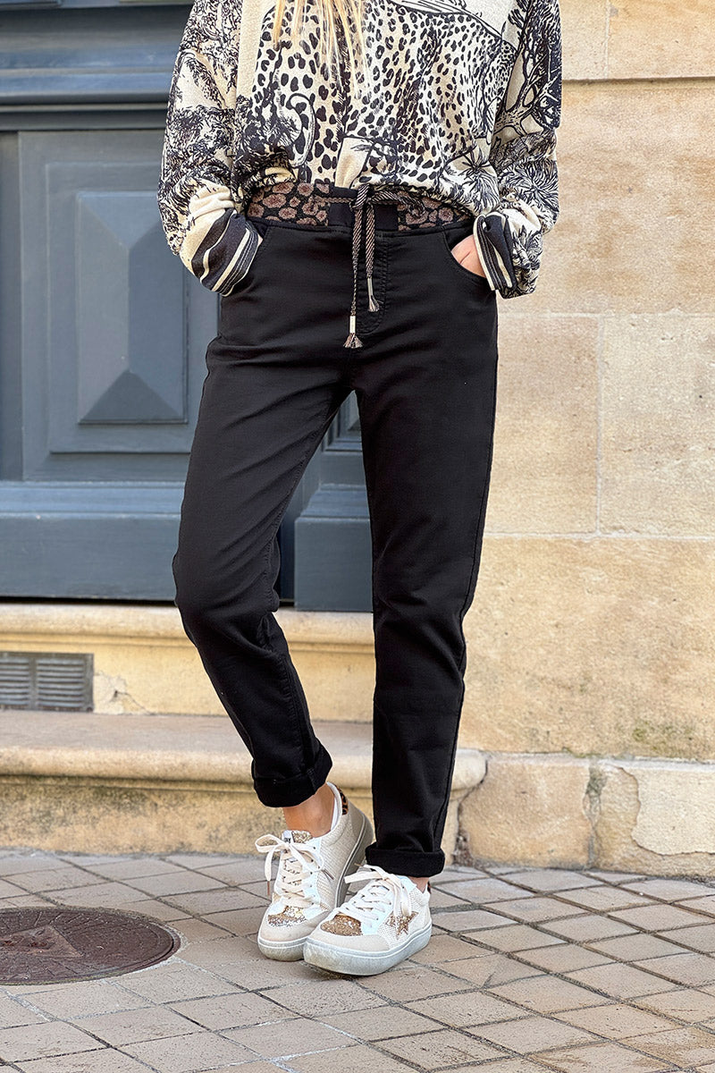 Black Jeans with Leopard Print Drawstring Waist
