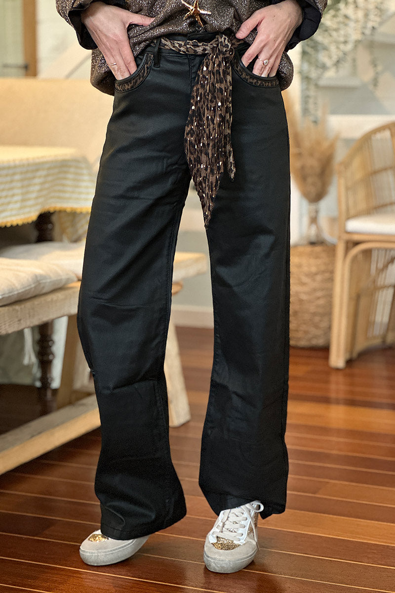 Black Sequin Pocket Trousers with Sash Belt
