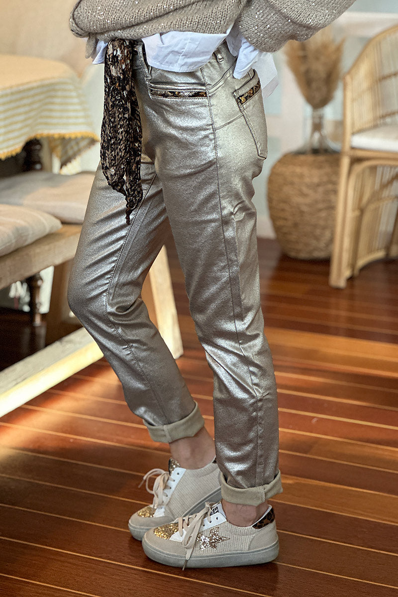 Gold Sequin Pocket Wide-Leg Jeans with Sash Belt