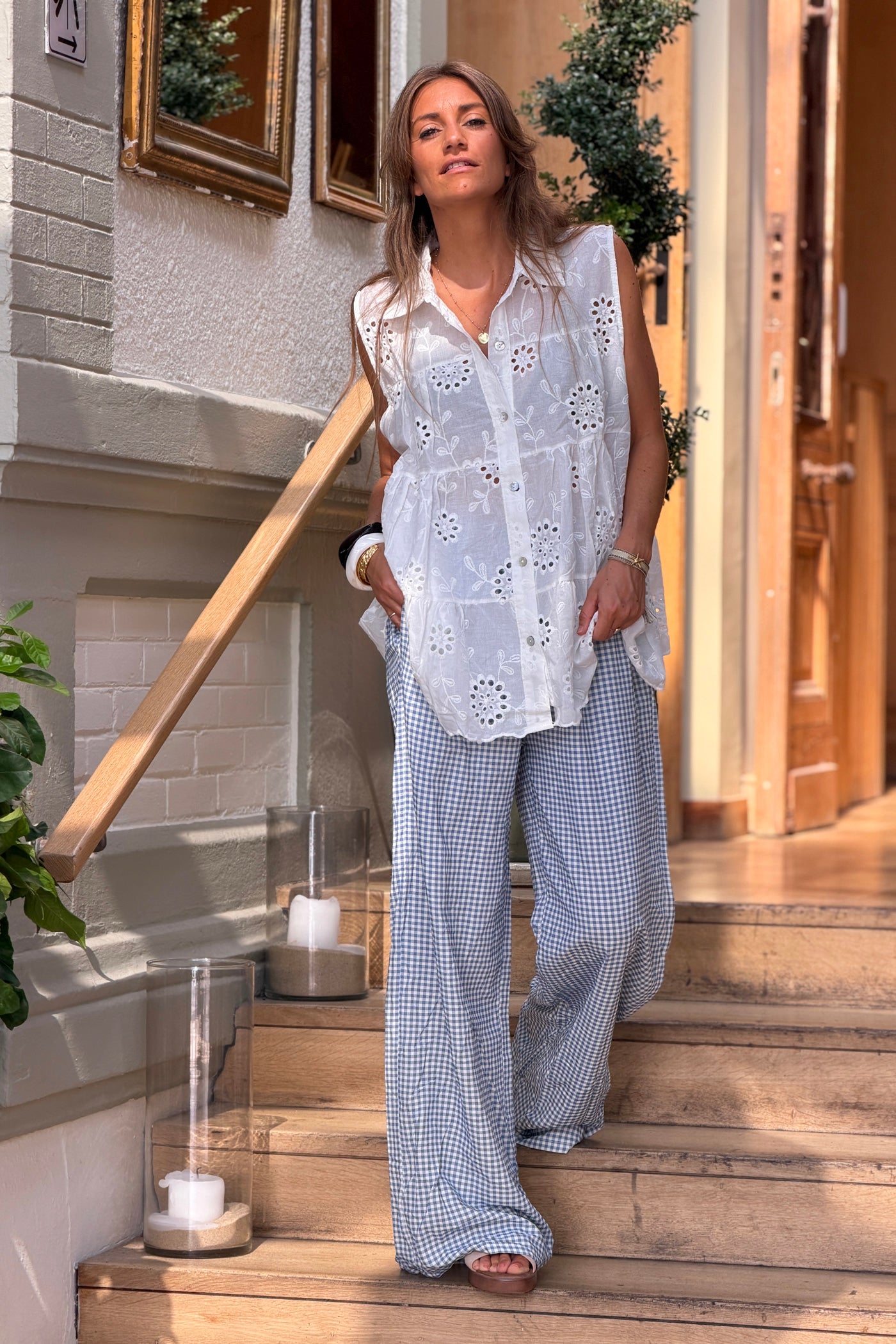 Pantalon souple et large motif carreaux vichy bleu taille elastique