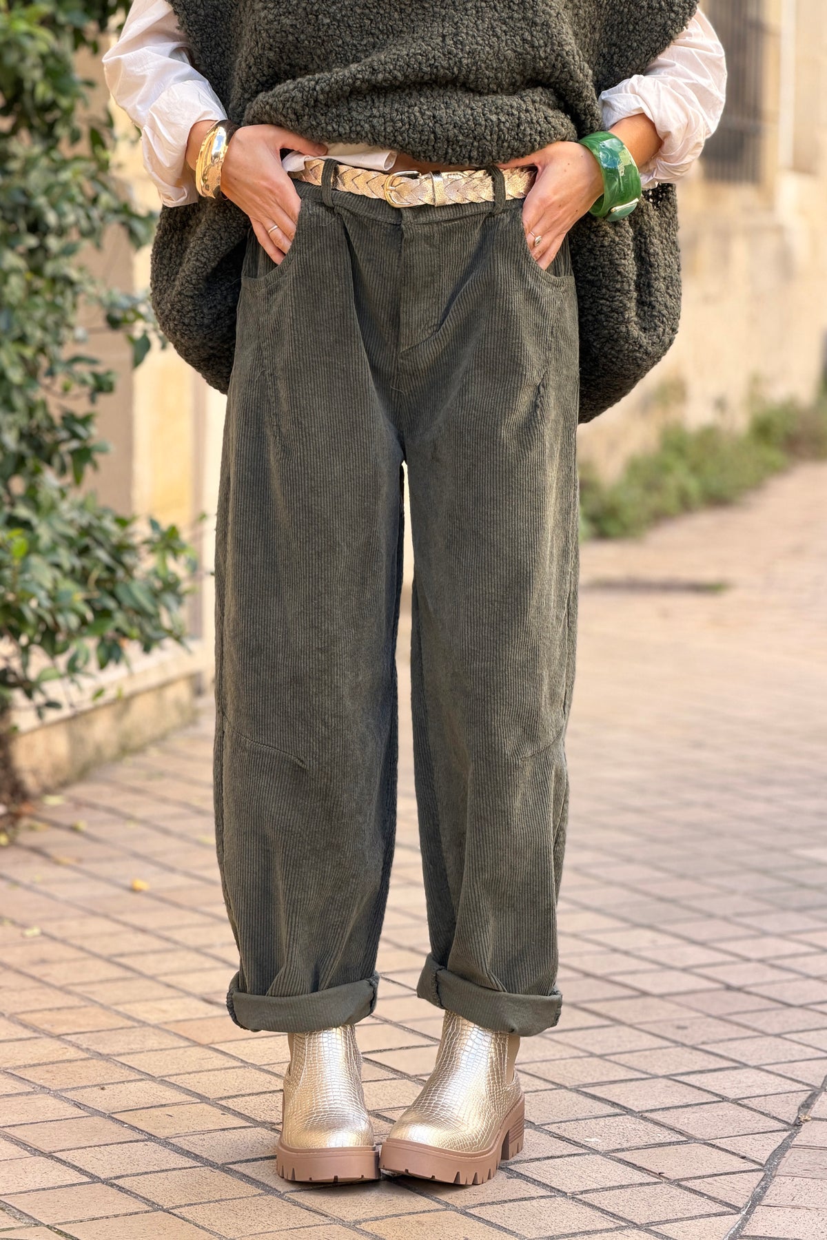 Olive Corduroy Wide Leg Jeans