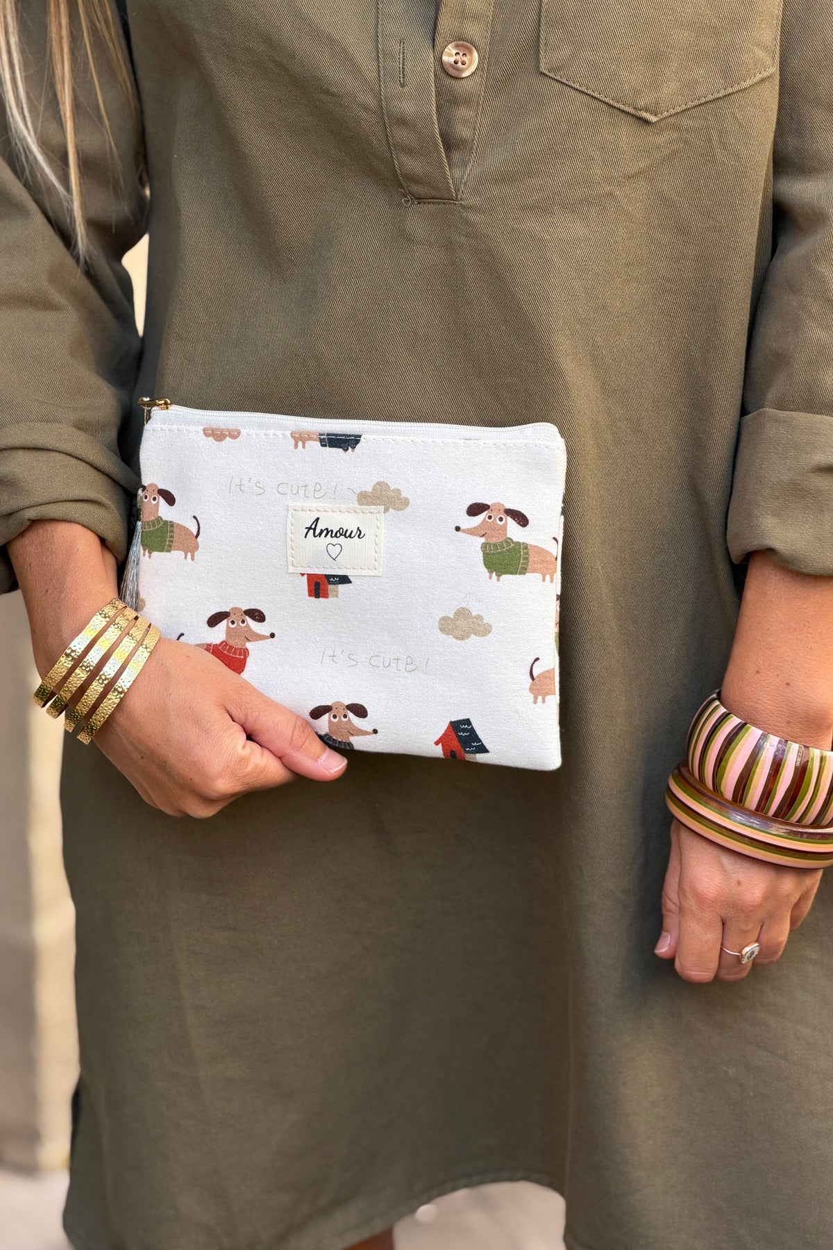 Cream Dog Print Zip-Top Pouchette