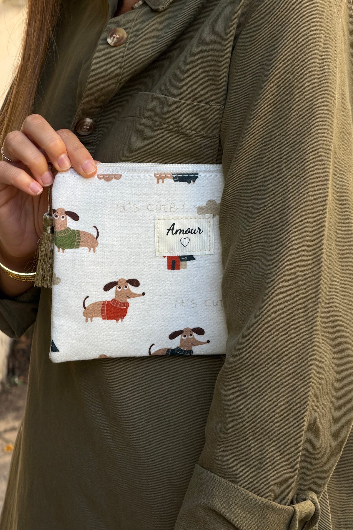 Cream Dog Print Zip-Top Pouchette