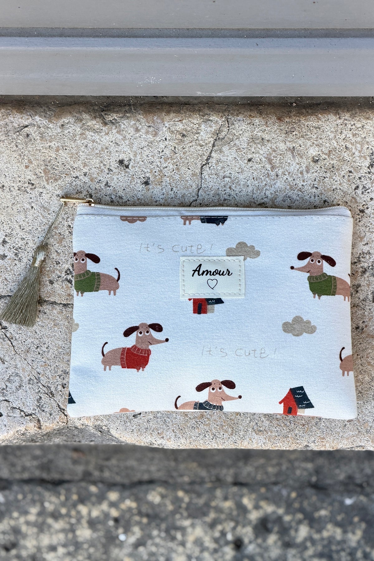 Cream Dog Print Zip-Top Pouchette