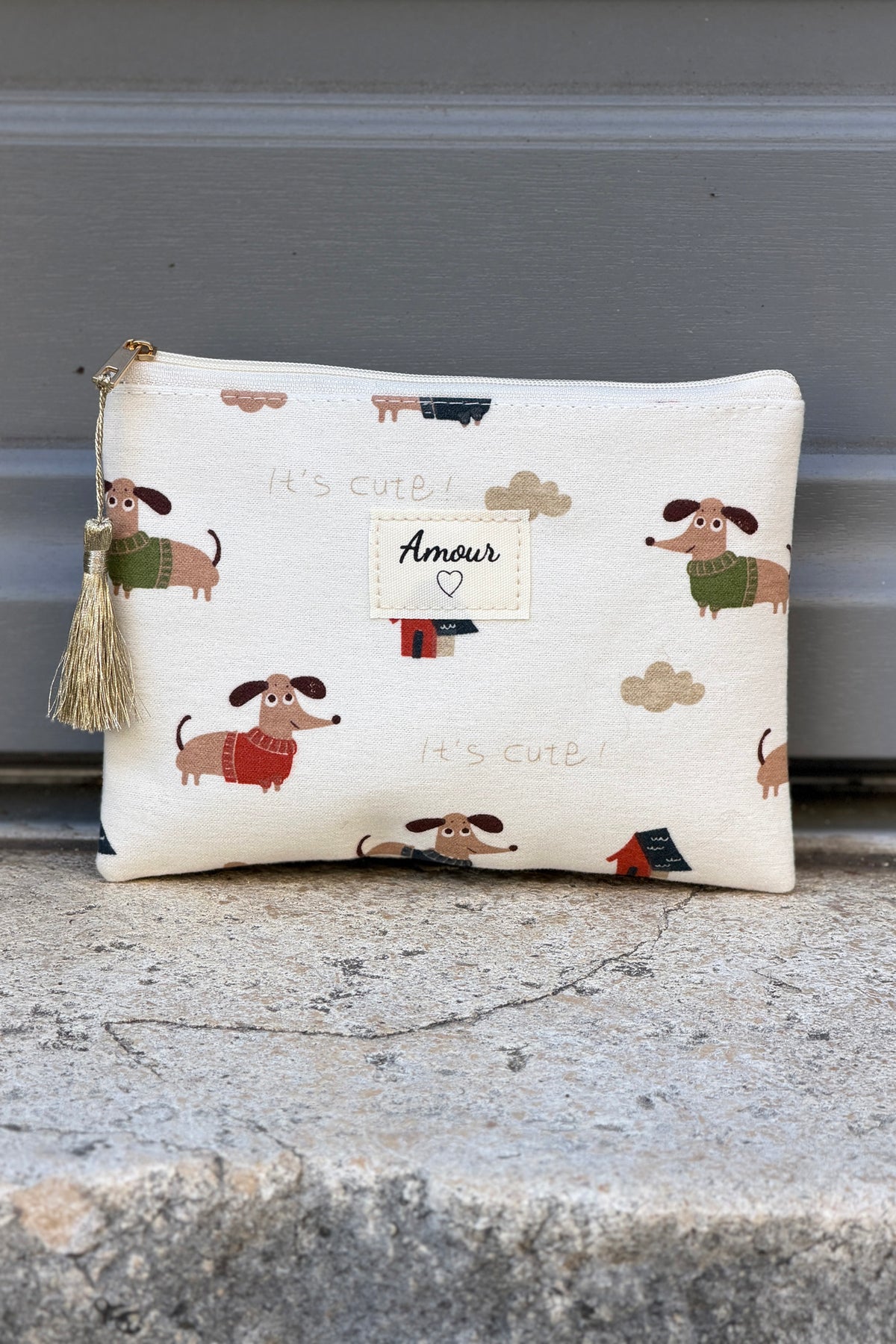 Cream Dog Print Zip-Top Pouchette