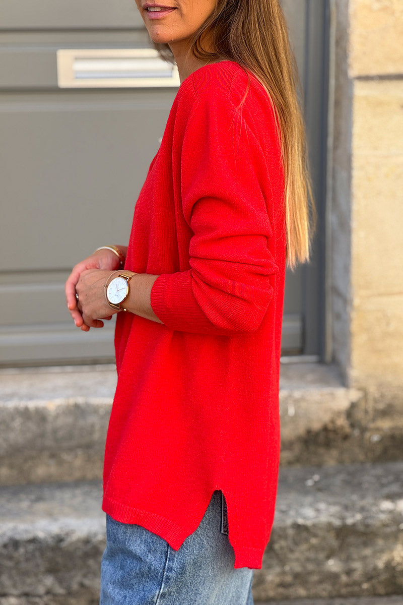 Pull basique tout doux rouge orangé col V