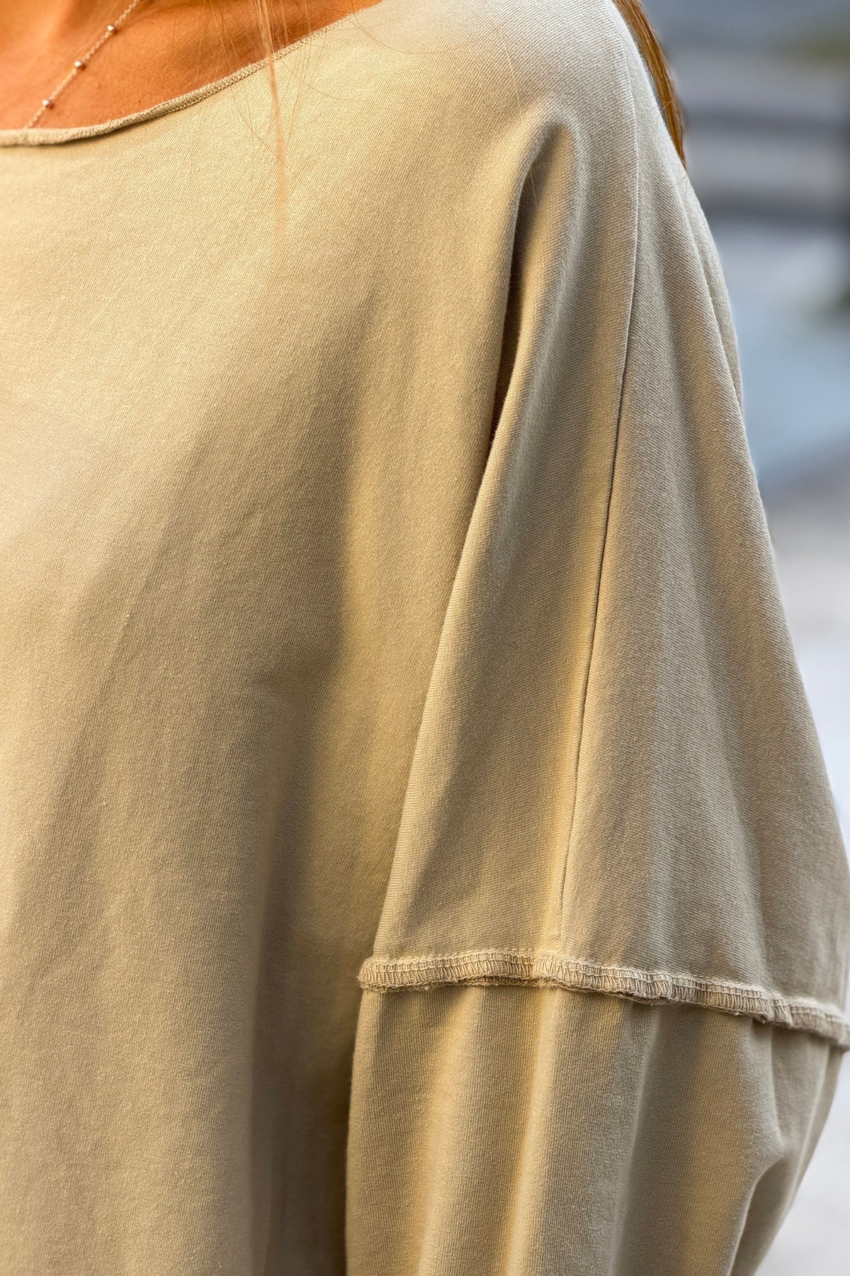 Beige Stretch Knit Long-Sleeve Slouchy Tee