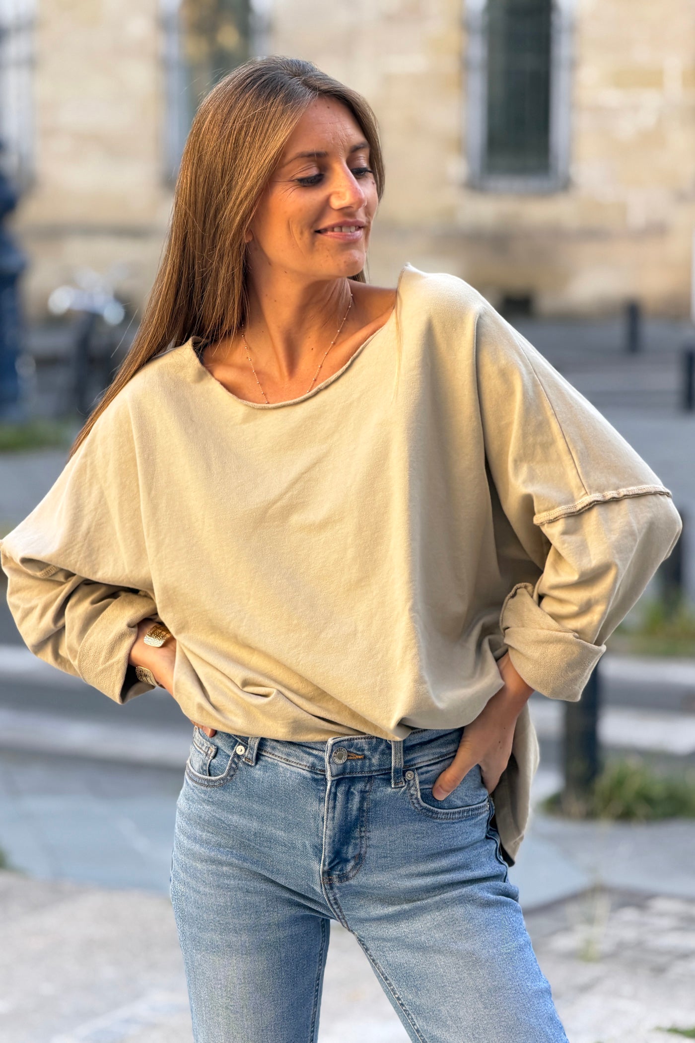 Beige Stretch Knit Long-Sleeve Slouchy Tee