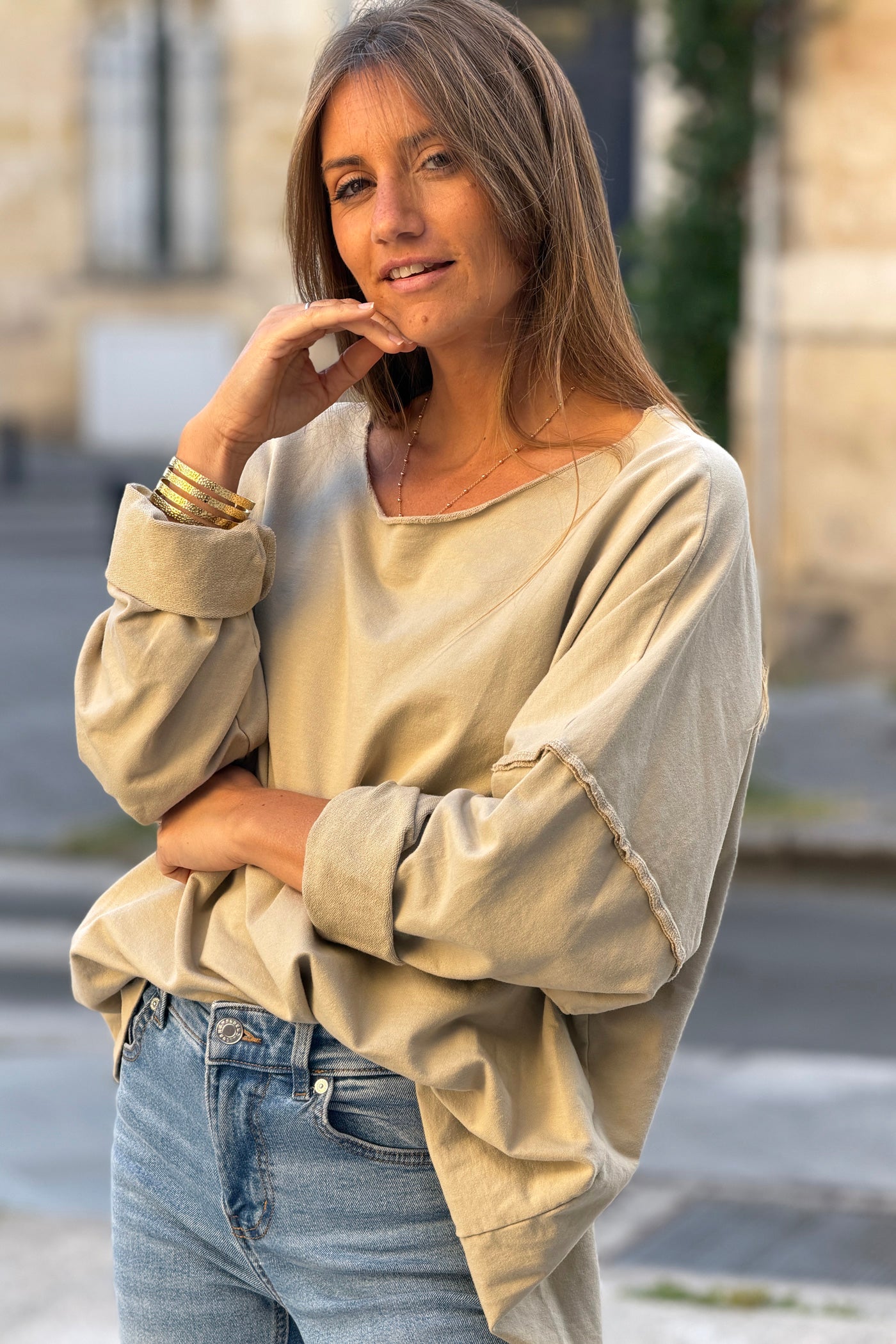 Beige Stretch Knit Long-Sleeve Slouchy Tee