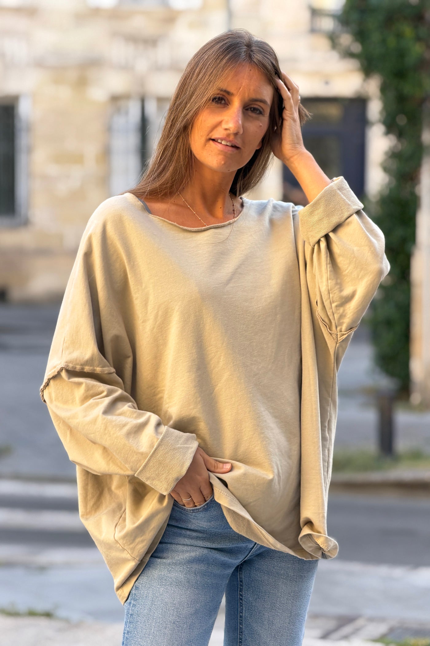 Beige Stretch Knit Long-Sleeve Slouchy Tee
