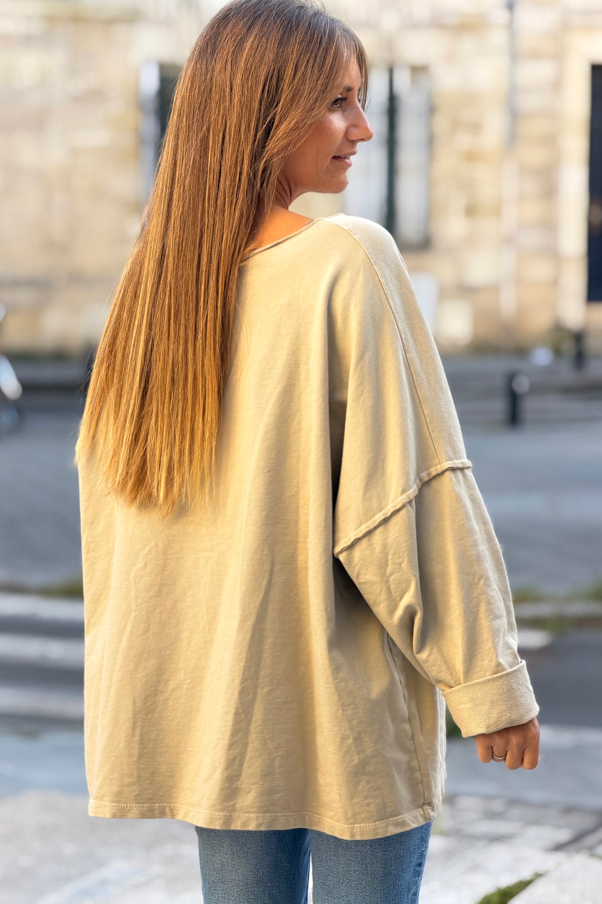 Beige Stretch Knit Long-Sleeve Slouchy Tee
