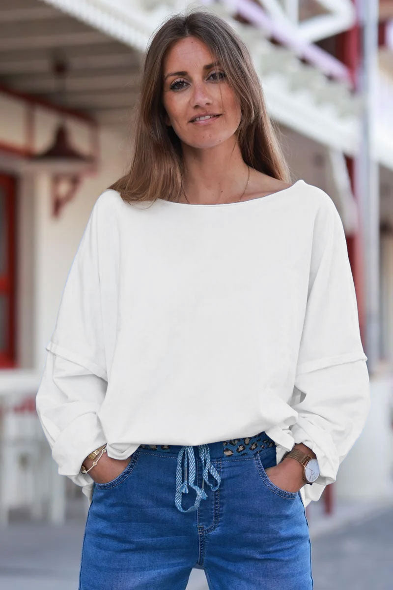 White Stretch Knit Long-Sleeve Slouchy Tee