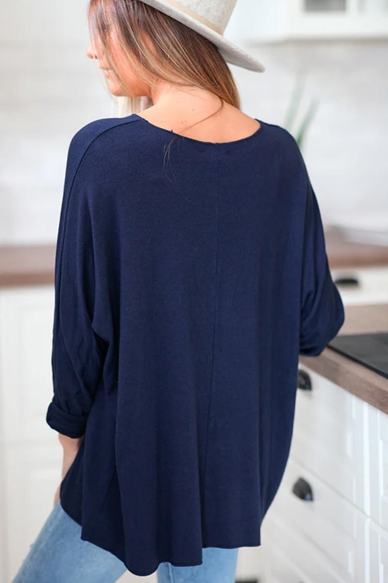 Navy blue v-neck sequin fishbone sweater