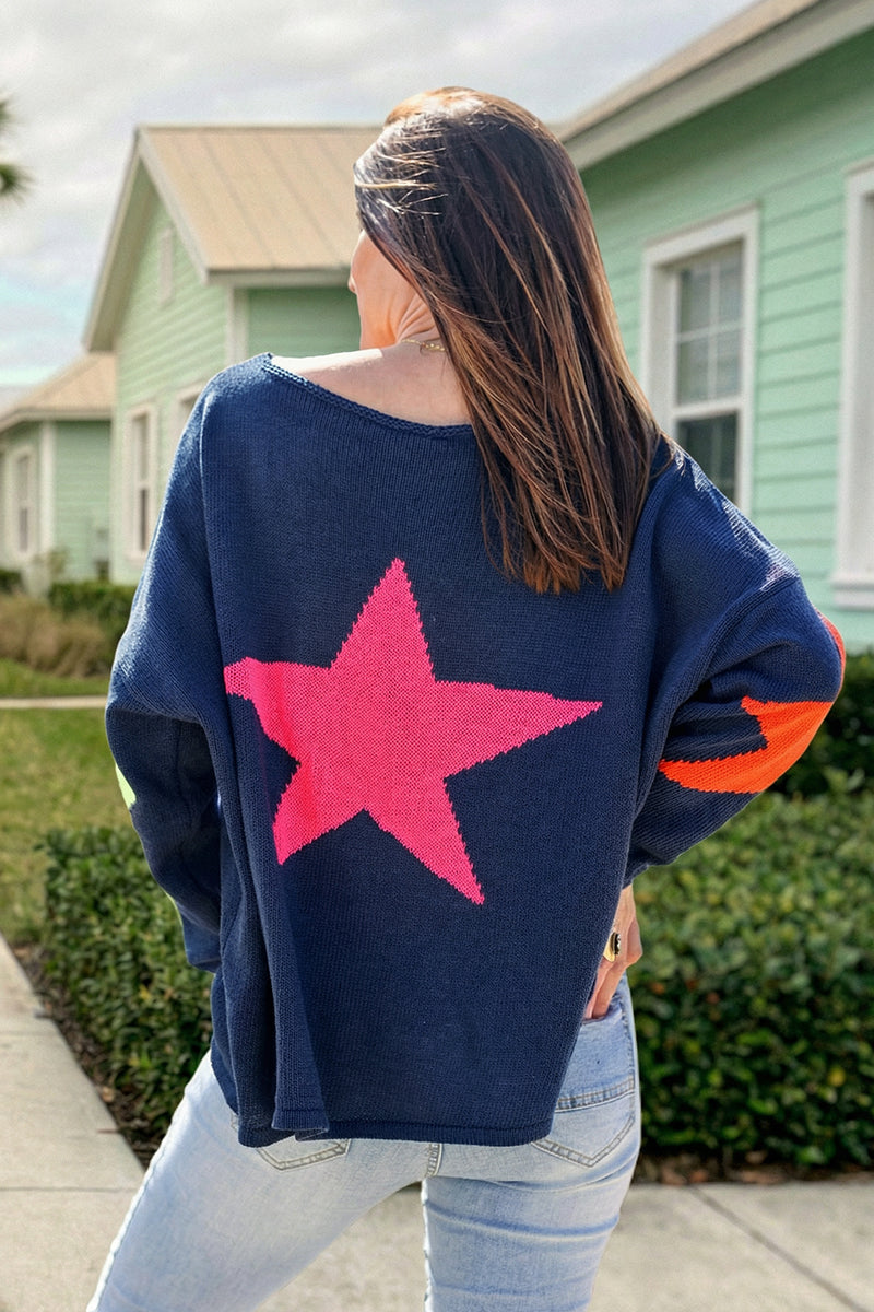 Pull bleu marine en maille coton étoiles colorées dos et manches