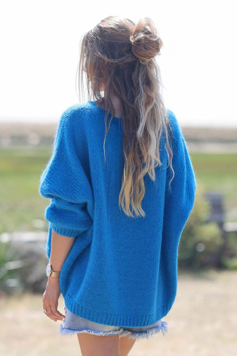 Royal blue Woollen v-neck Sweater with Batwing sleeves