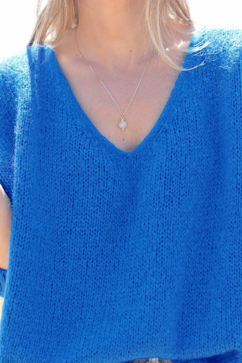 Royal blue Woollen v-neck Sweater with Batwing sleeves