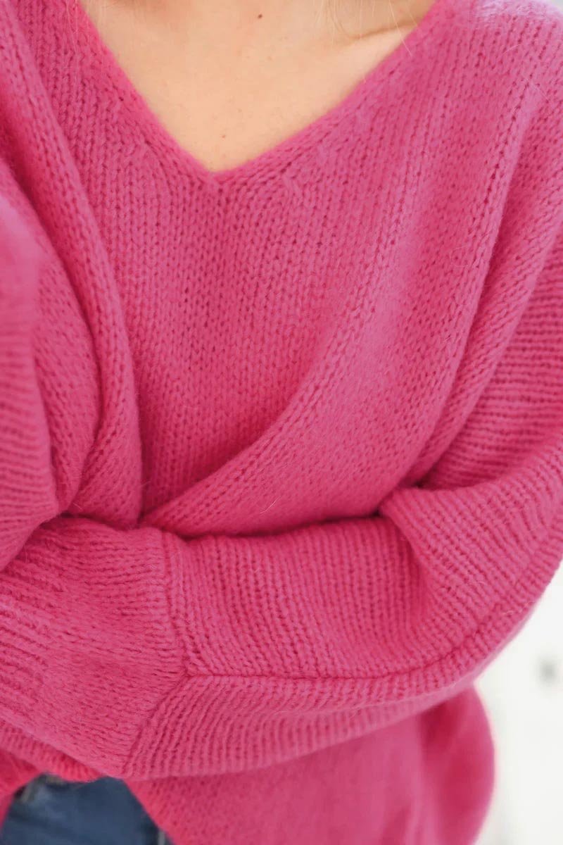 Fuchsia Woollen v-neck Sweater with Batwing sleeves