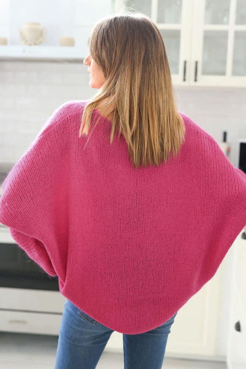 Fuchsia Woollen v-neck Sweater with Batwing sleeves