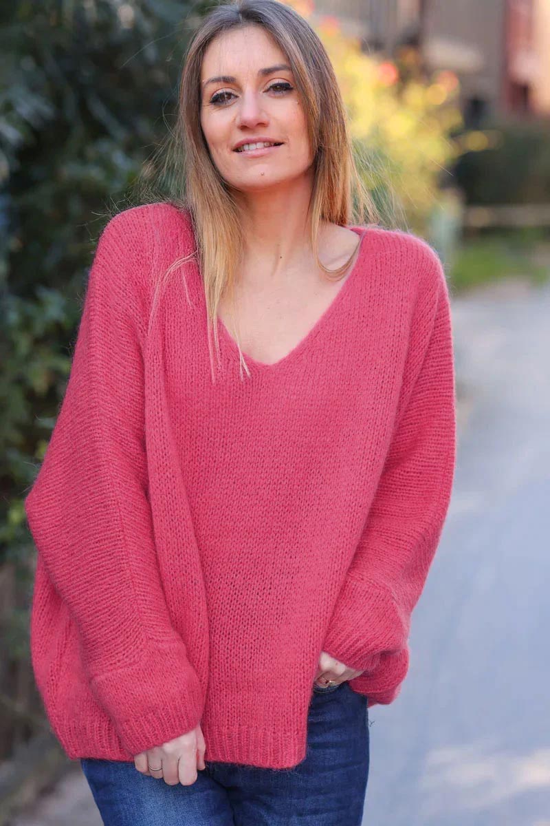 Fuchsia Woollen v-neck Sweater with Batwing sleeves