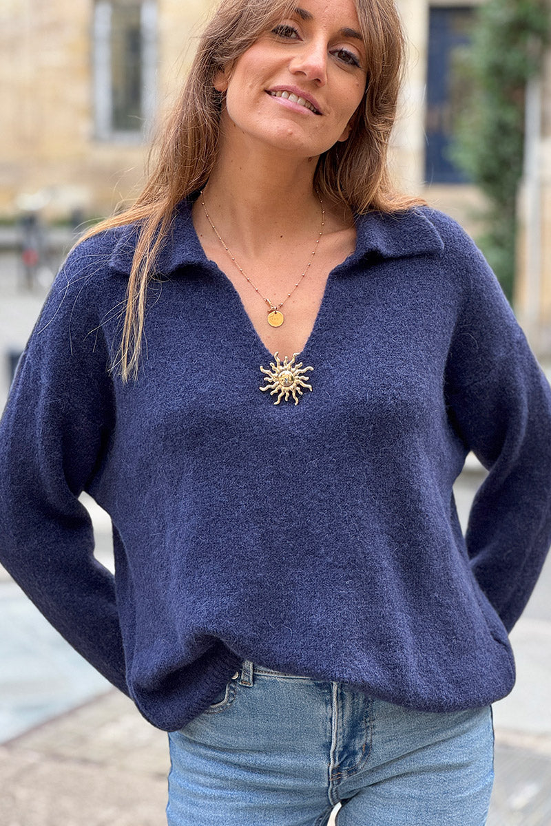 Navy Blue Collared Fuzzy Knit Sweater with Sun Brooch