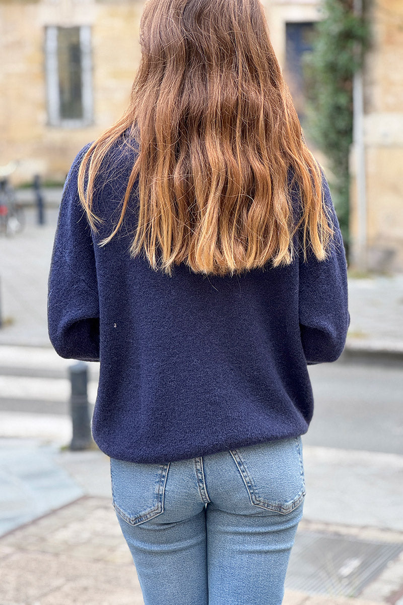 Navy Blue Collared Fuzzy Knit Sweater with Sun Brooch