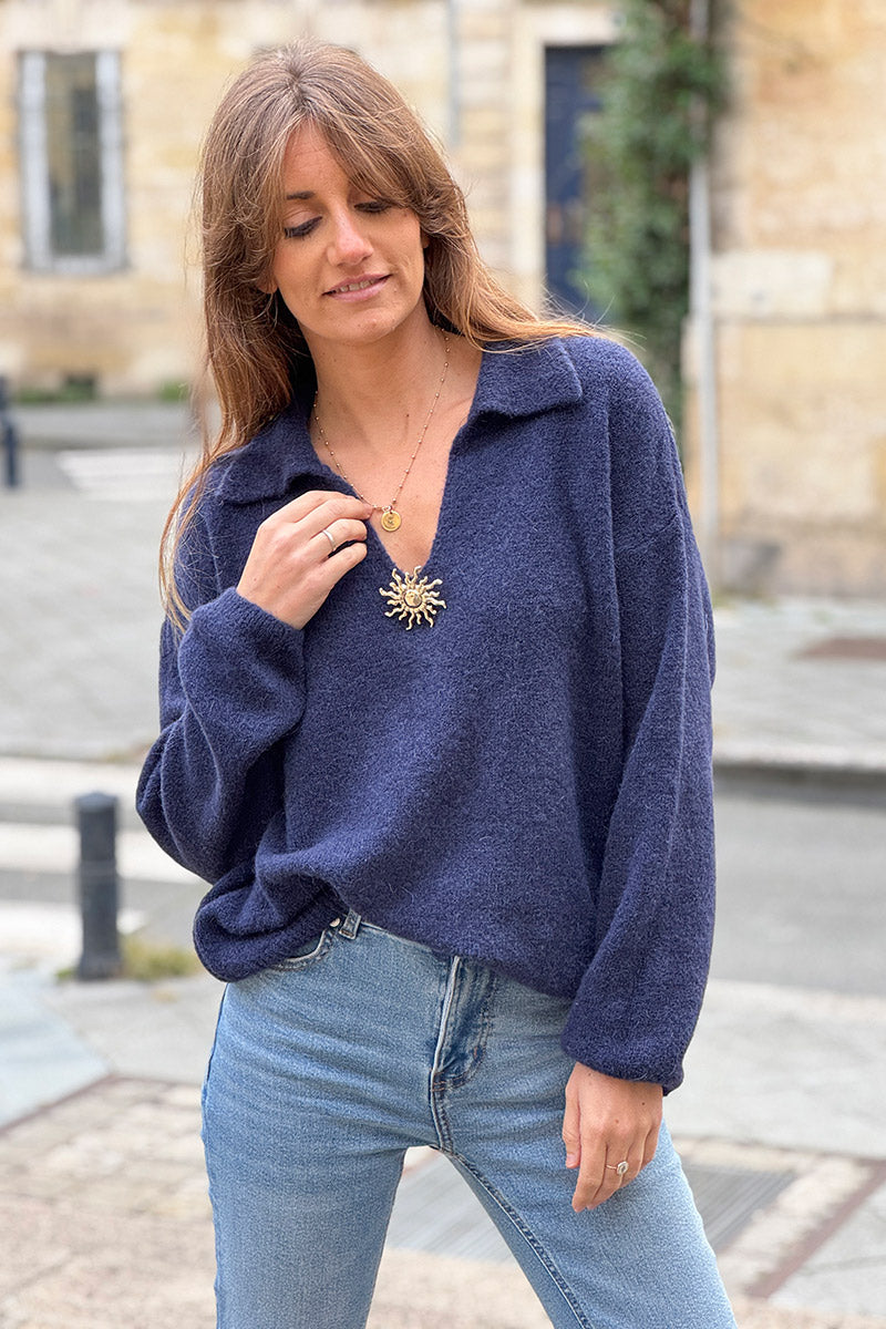Navy Blue Collared Fuzzy Knit Sweater with Sun Brooch