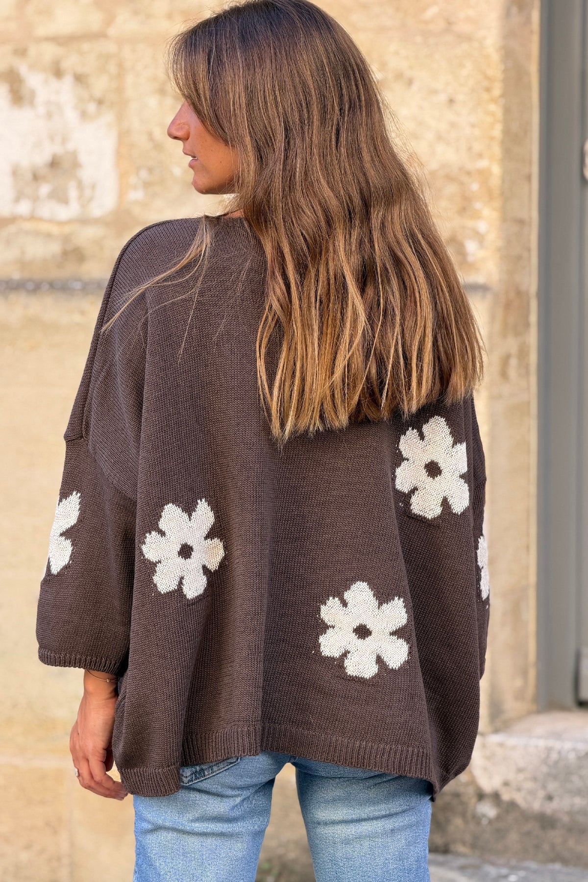 Pull en maille coton marron motif fleurs marguerites dégradées beige