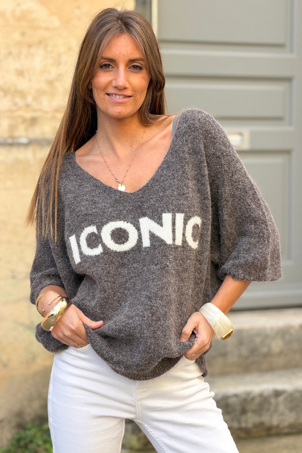 Pull en maille marron clair chiné Iconic manches 3/4 col v
