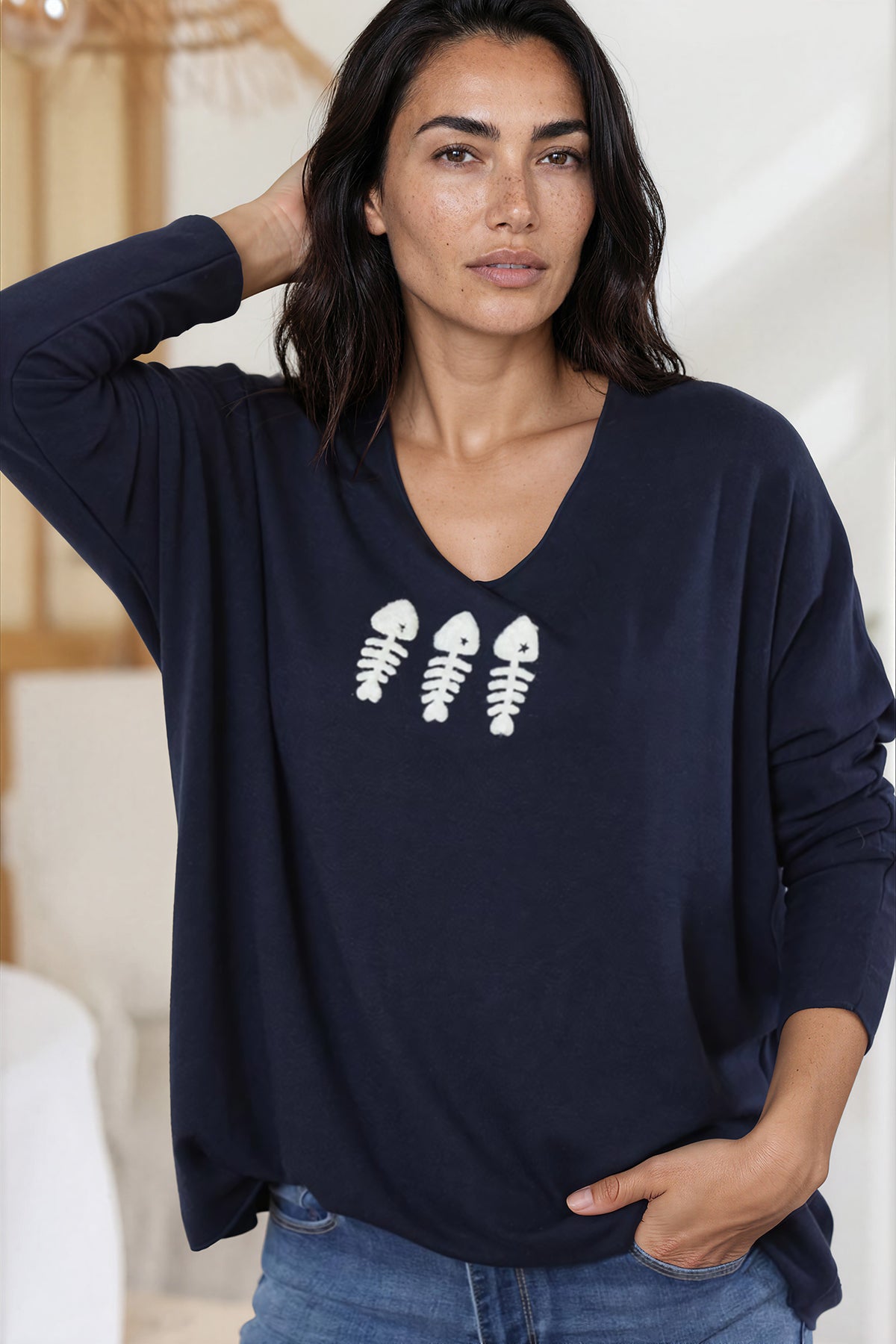 Pull jersey bleu marine doux trio poissons