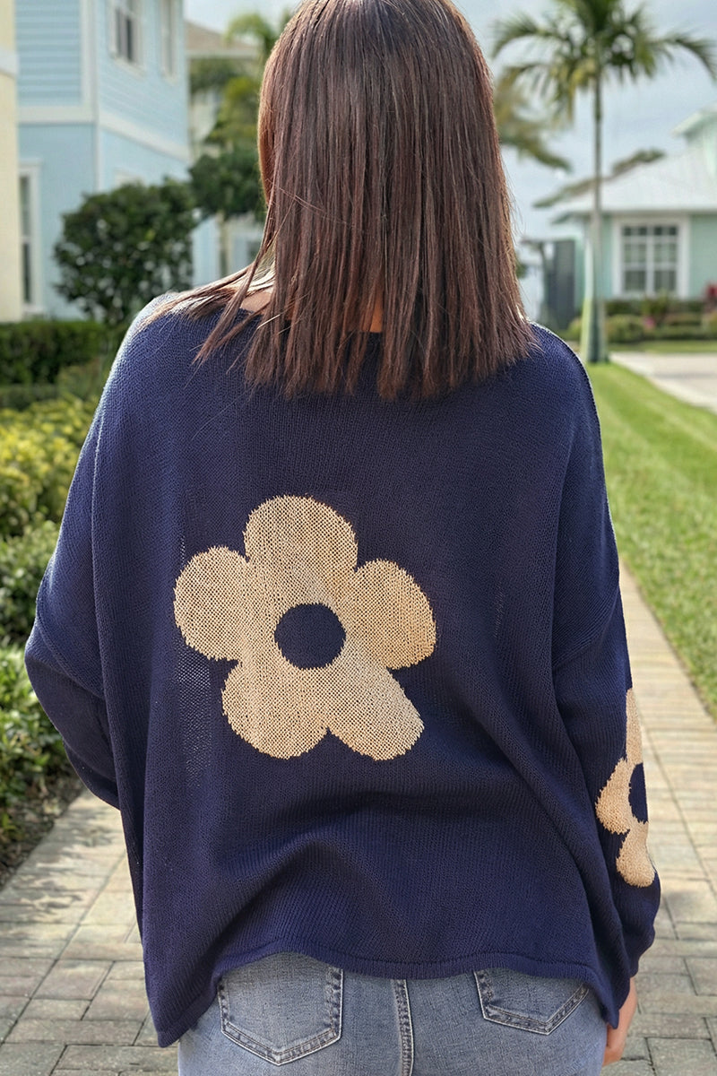 Jersey ancho de punto de algodón azul marino con flores doradas en la espalda y manga con cuello barco