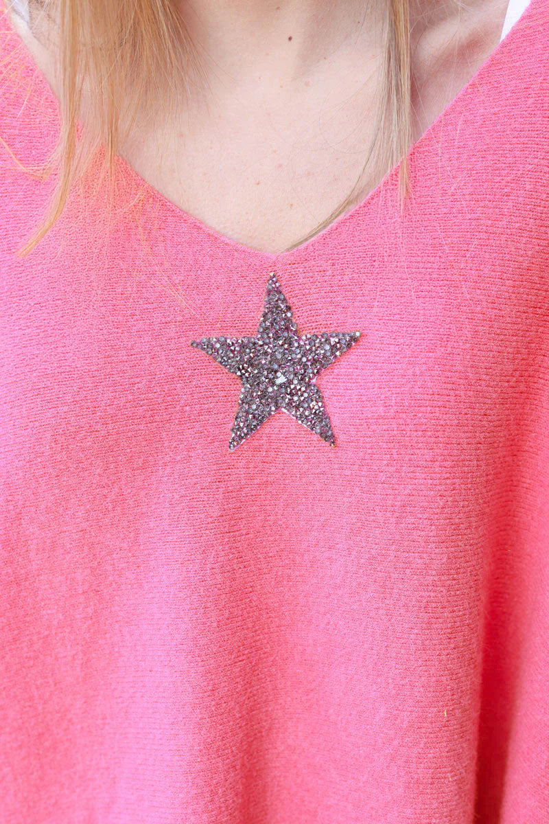 Pink Oversized Super Soft Sweater with Silver Rhinestone Star
