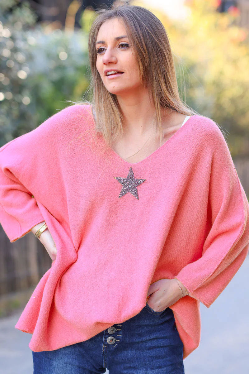 Pink Oversized Super Soft Sweater with Silver Rhinestone Star