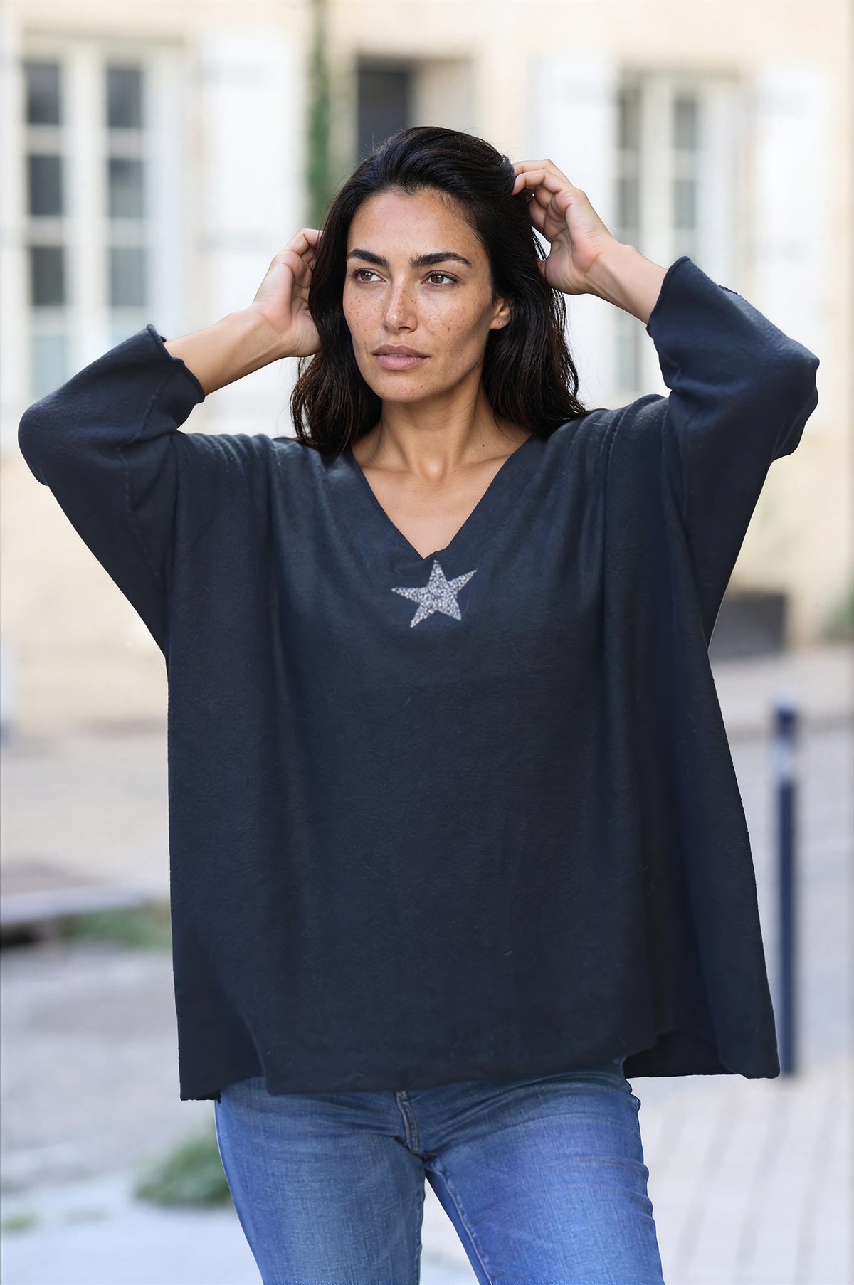 Black Oversized super soft Sweater with Silver Rhinestone Star