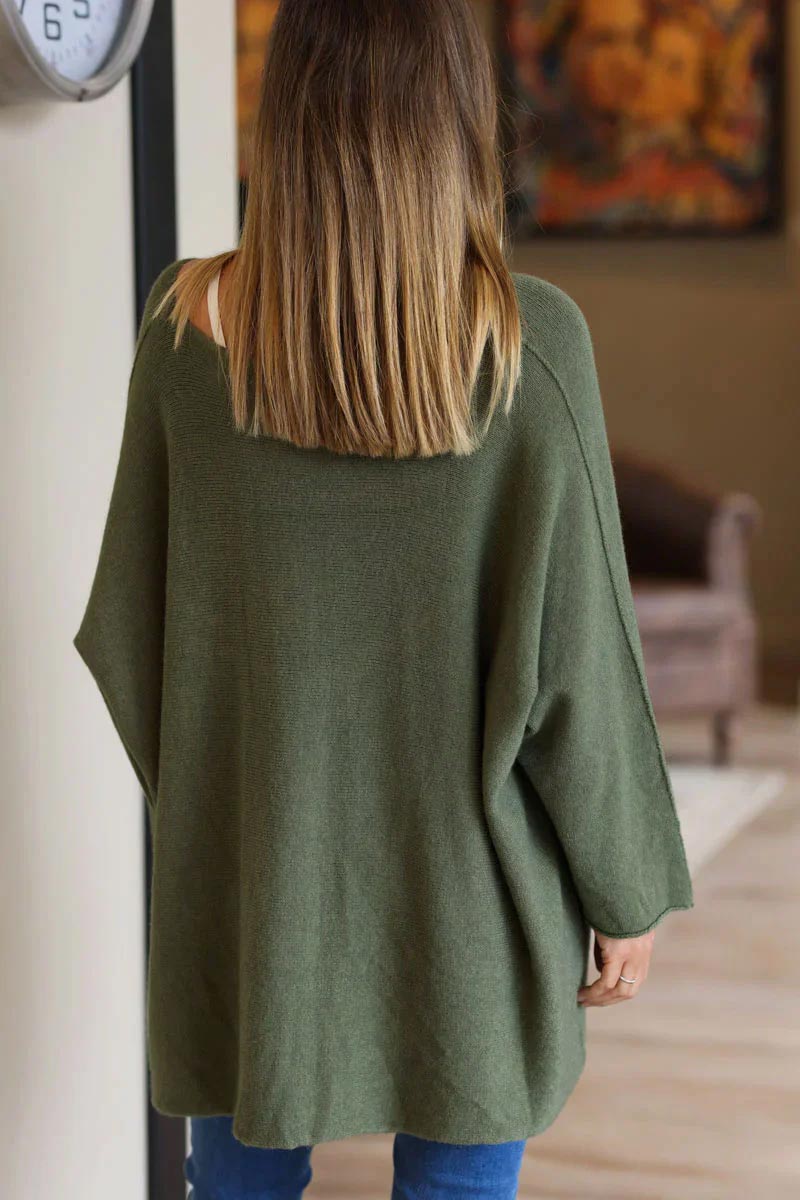 Pull large tout doux vert kaki manches chauve-souris étoile strass